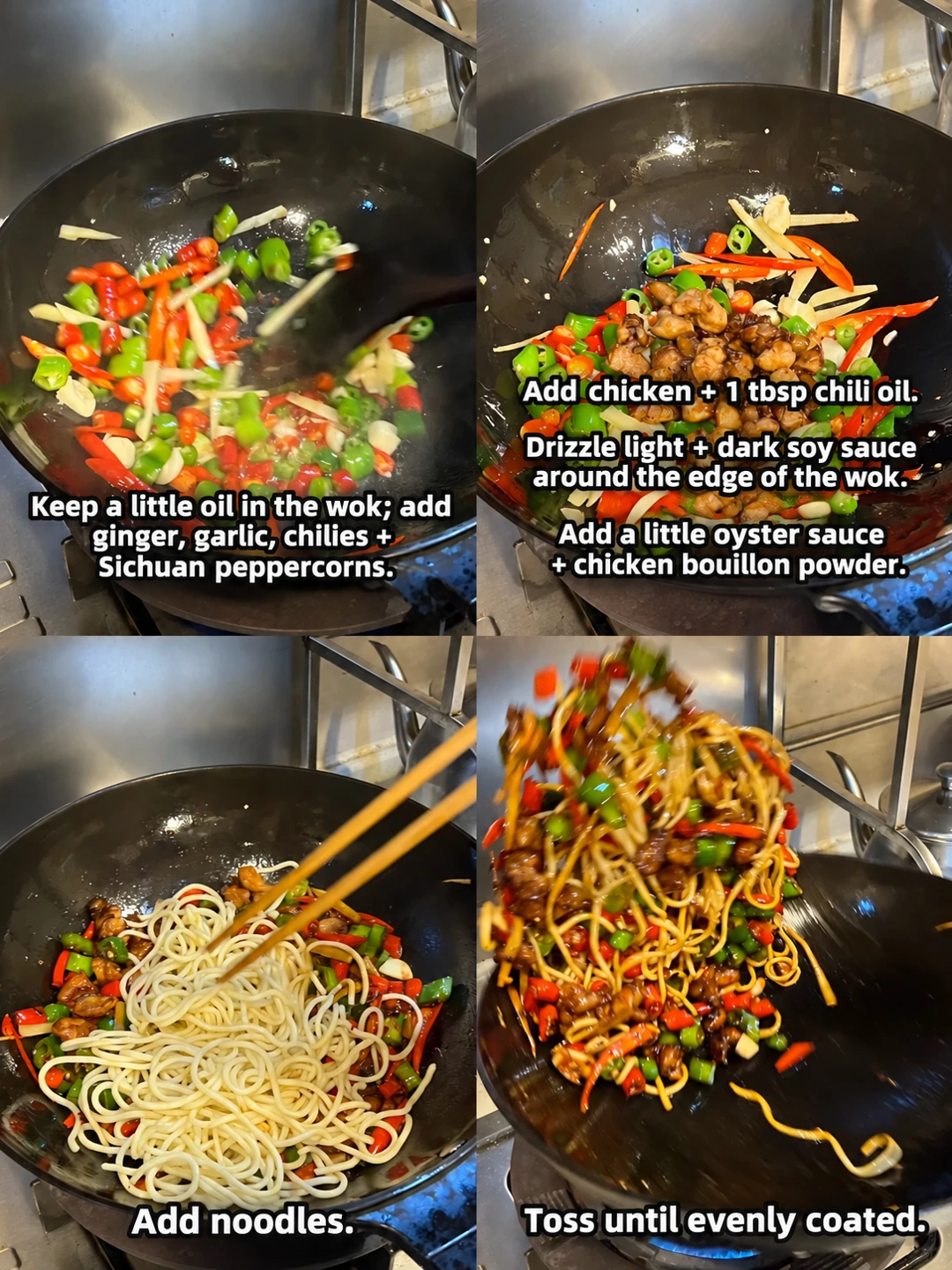 English-captioned photographs showing ingredient preparation and cooking for Chicken Noodles with Two Chiles.