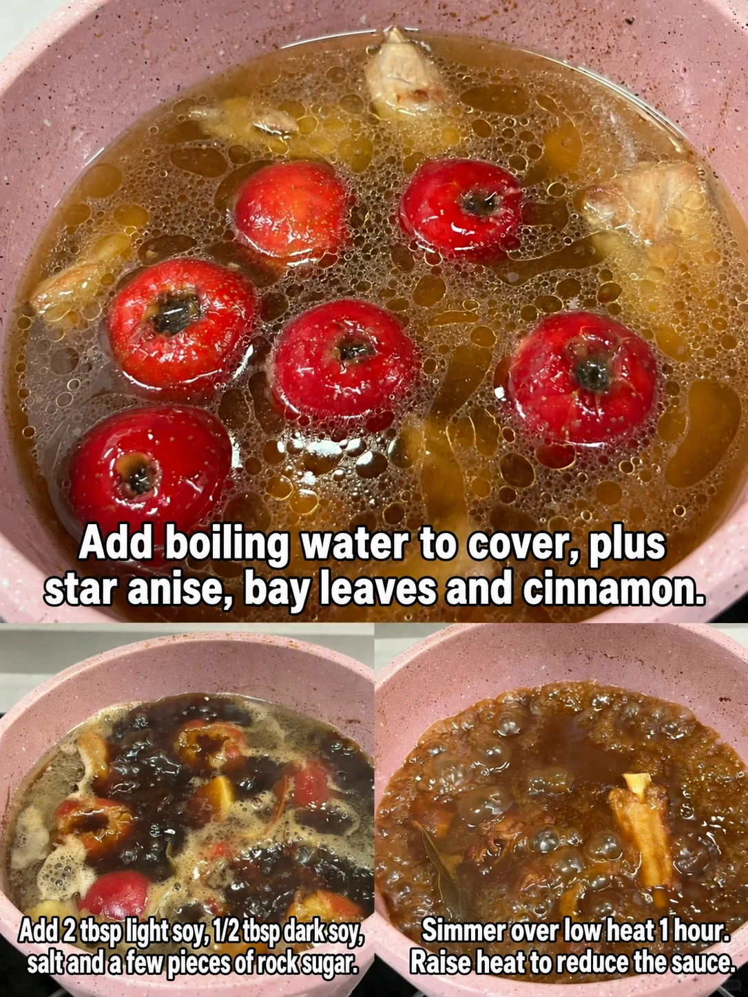 English-captioned photographs showing ingredient preparation and cooking for Hawthorn Braised Pork Ribs.