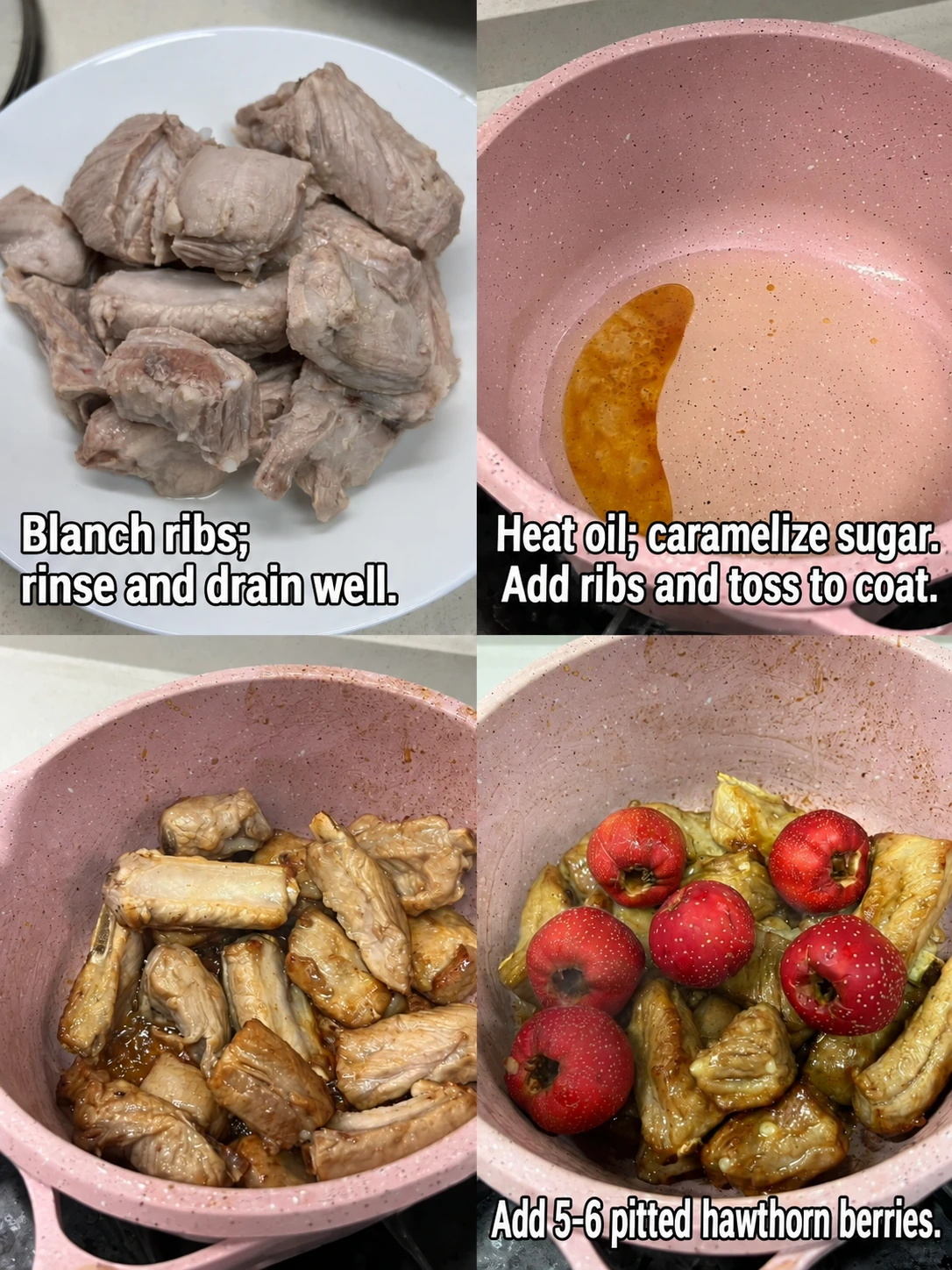 English-captioned photographs showing ingredient preparation and cooking for Hawthorn Braised Pork Ribs.