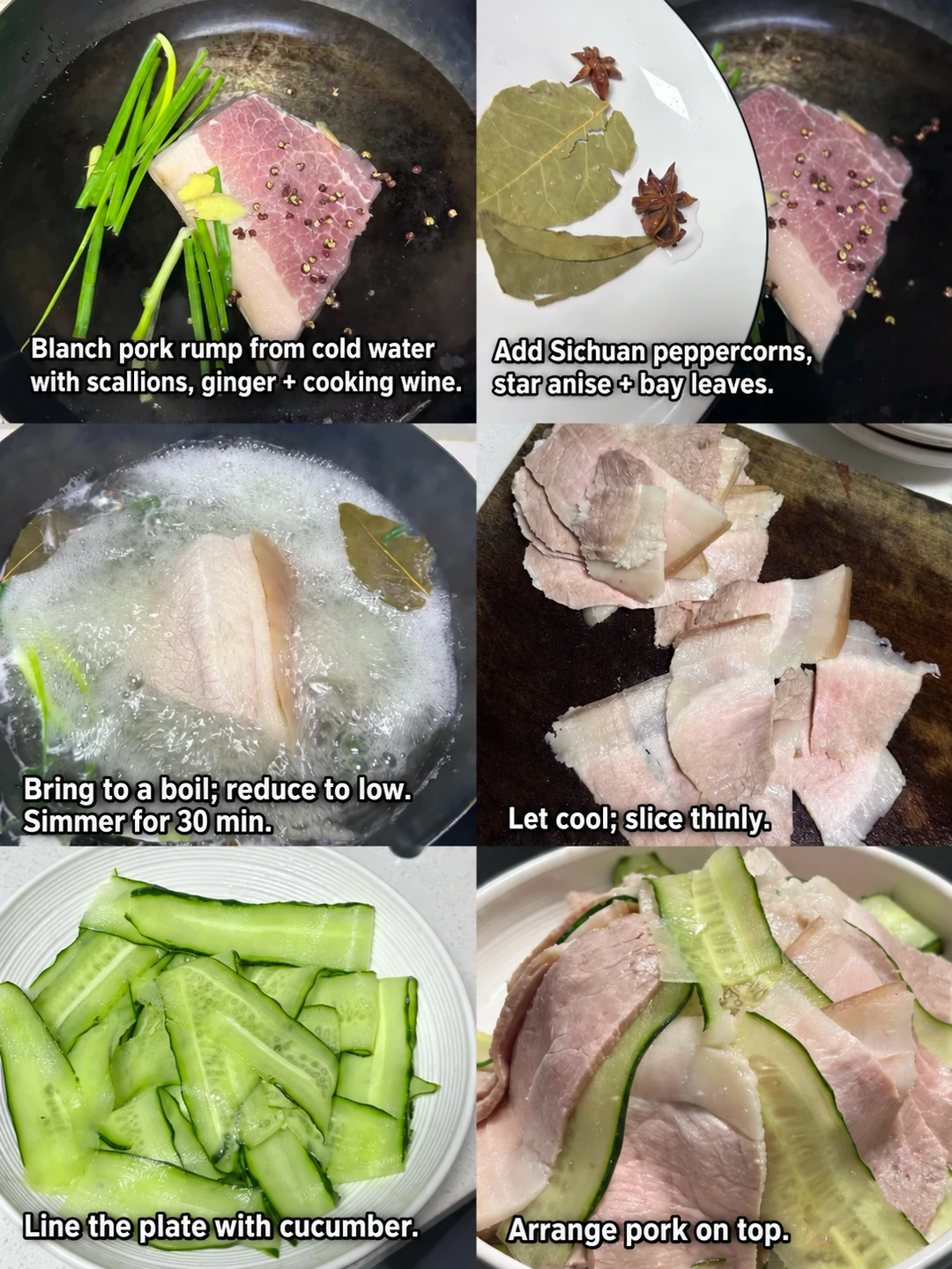 English-captioned photographs showing ingredient preparation and cooking for Sliced Pork with Chili Oil and Garlic Sauce.
