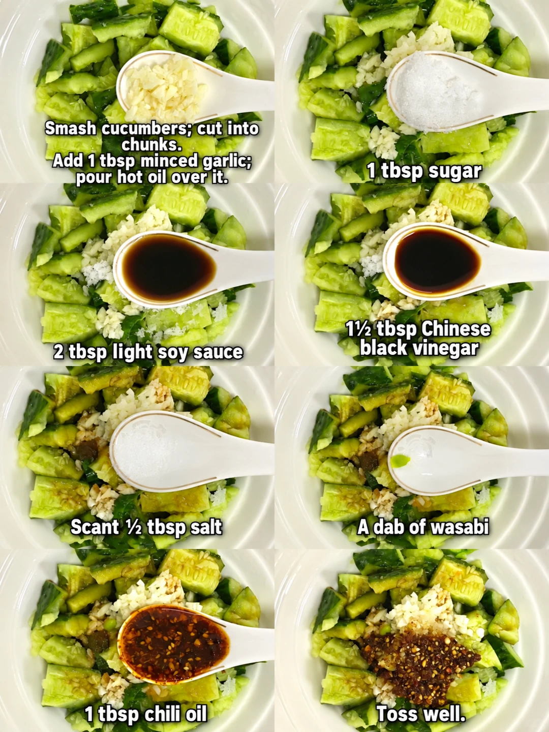 English-captioned photographs showing ingredient preparation and cooking for Smashed Cucumber with Chili Oil and Mustard.