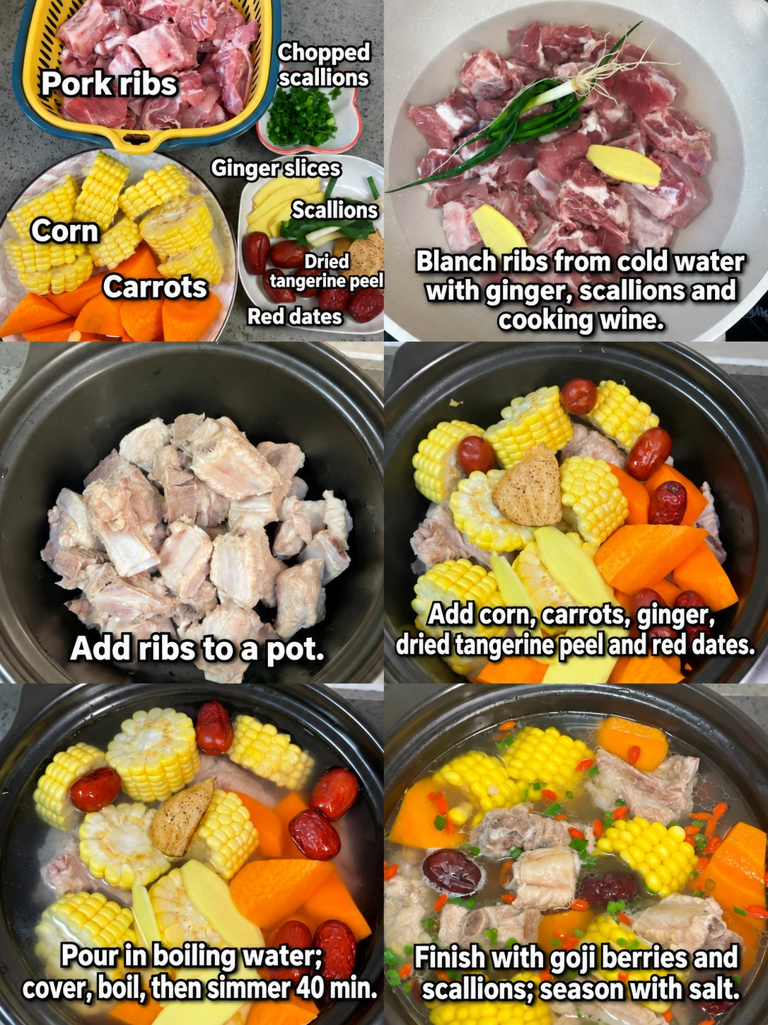 English-captioned photographs showing ingredient preparation and cooking for Pork Rib Soup with Corn and Carrot.