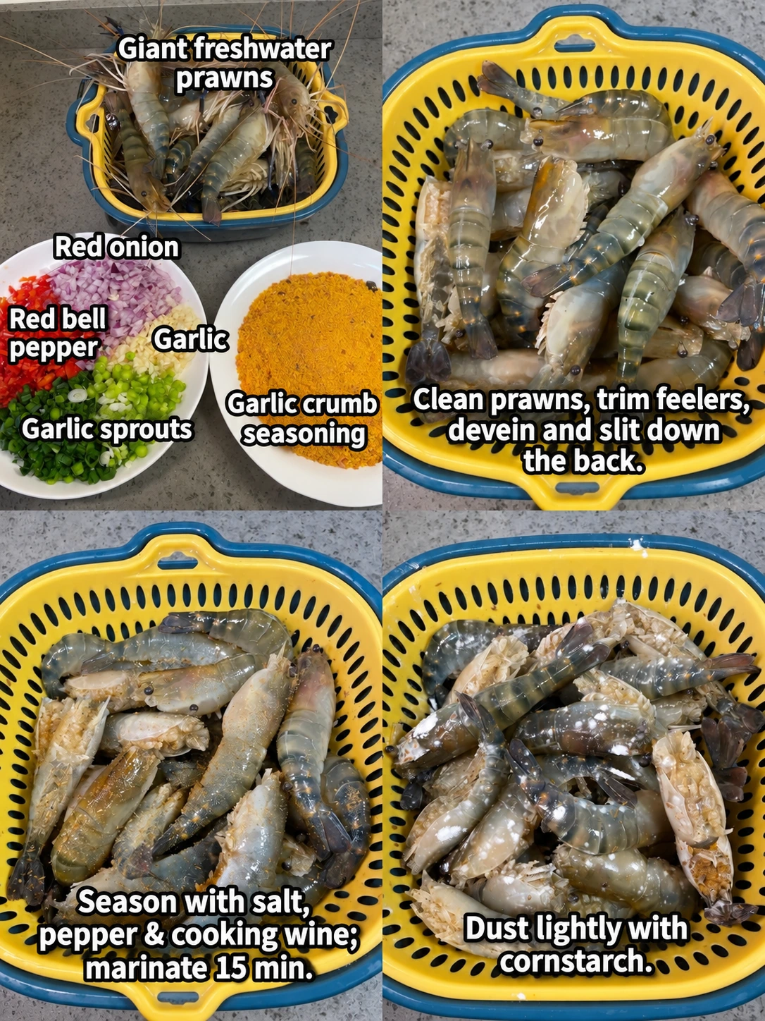 English-captioned photographs showing ingredient preparation and cooking for Typhoon Shelter-Style Freshwater Prawns.