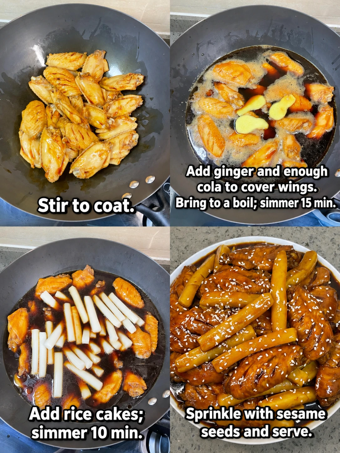 English-captioned photographs showing ingredient preparation and cooking for Cola Chicken Wings with Rice Cakes.