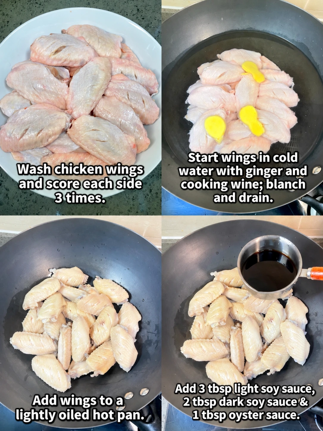 English-captioned photographs showing ingredient preparation and cooking for Cola Chicken Wings with Rice Cakes.