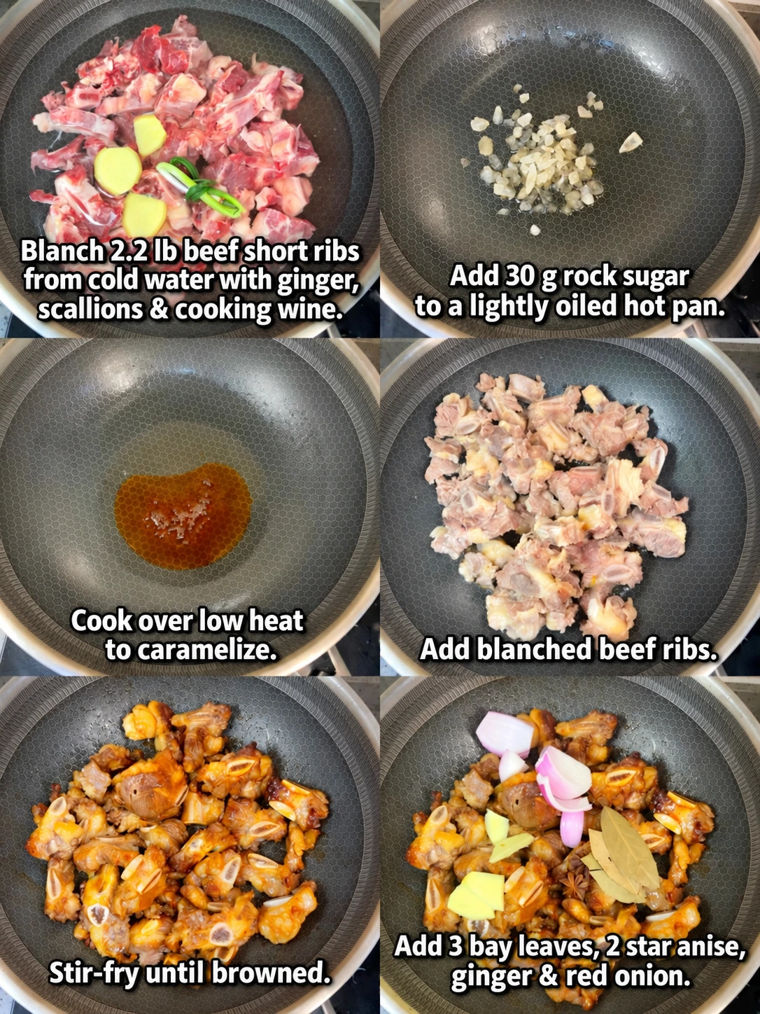 English-captioned photographs showing ingredient preparation and cooking for Beef Ribs Braised with Tomatoes and Potatoes.