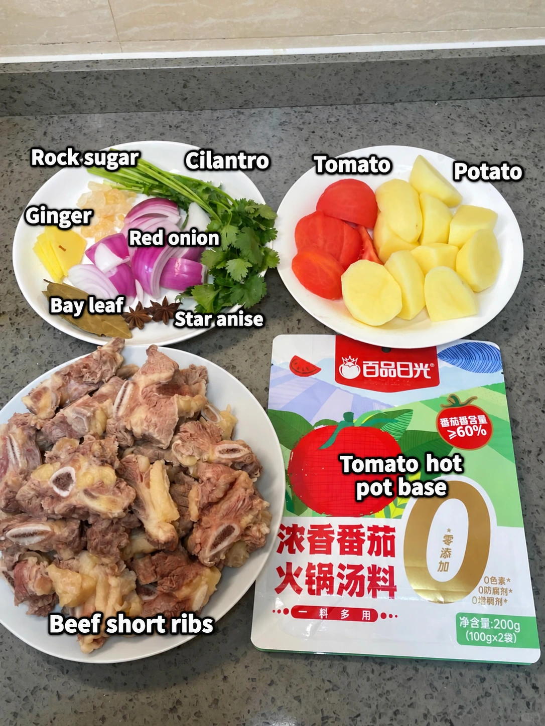 English-captioned photographs showing ingredient preparation and cooking for Beef Ribs Braised with Tomatoes and Potatoes.