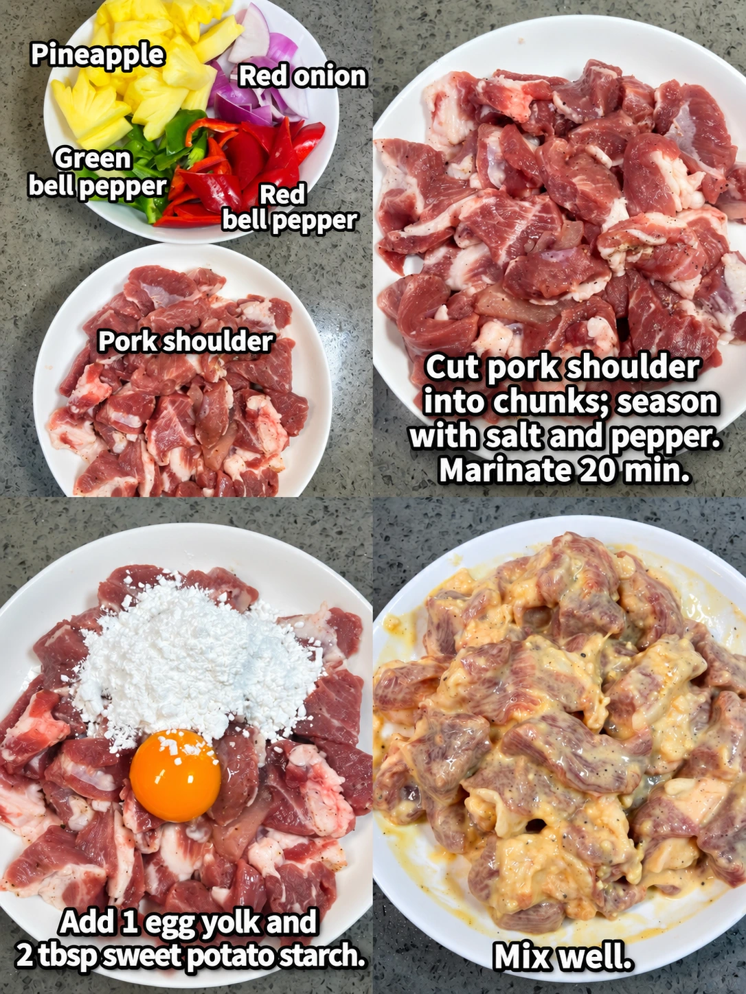 English-captioned photographs showing ingredient preparation and cooking for Sweet and Sour Pork with Pineapple.