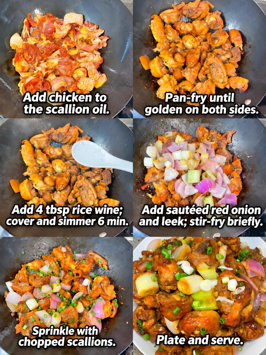 English-captioned photographs showing ingredient preparation and cooking for Ginger and Scallion Chicken.
