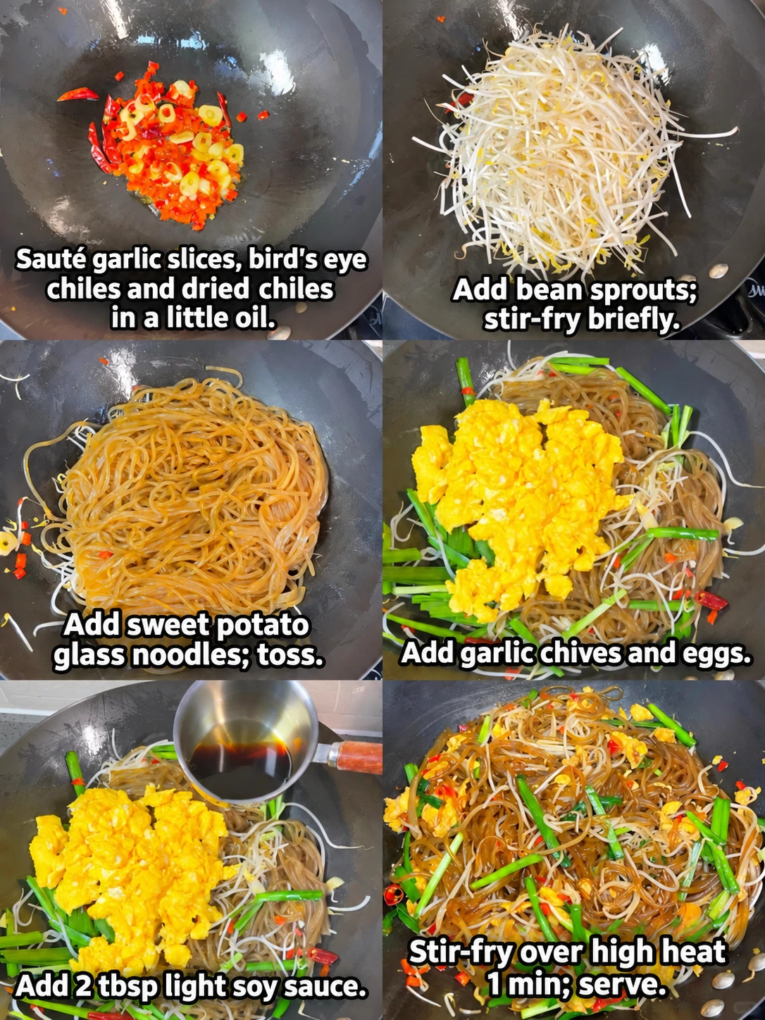 English-captioned photographs showing ingredient preparation and cooking for Sweet Potato Noodles with Chives, Bean Sprouts and Eggs.