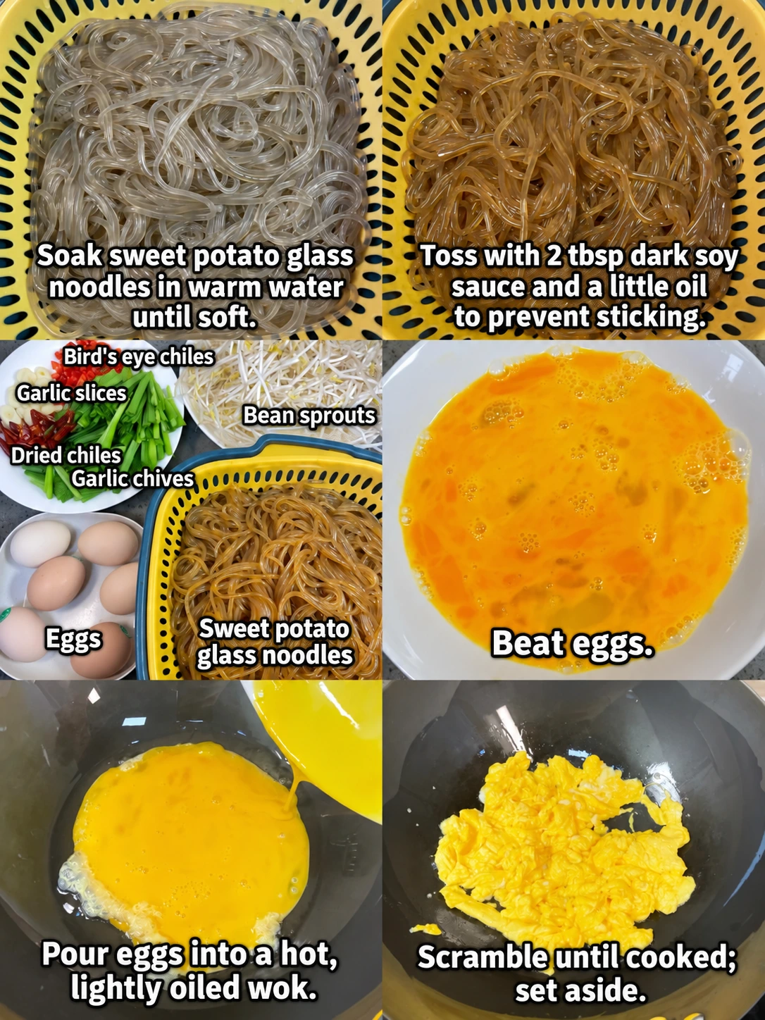 English-captioned photographs showing ingredient preparation and cooking for Sweet Potato Noodles with Chives, Bean Sprouts and Eggs.