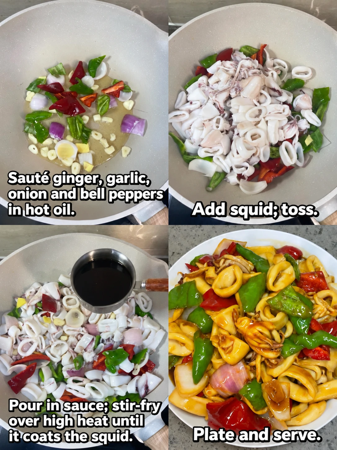 English-captioned photographs showing ingredient preparation and cooking for Squid with Peppers and Onion.
