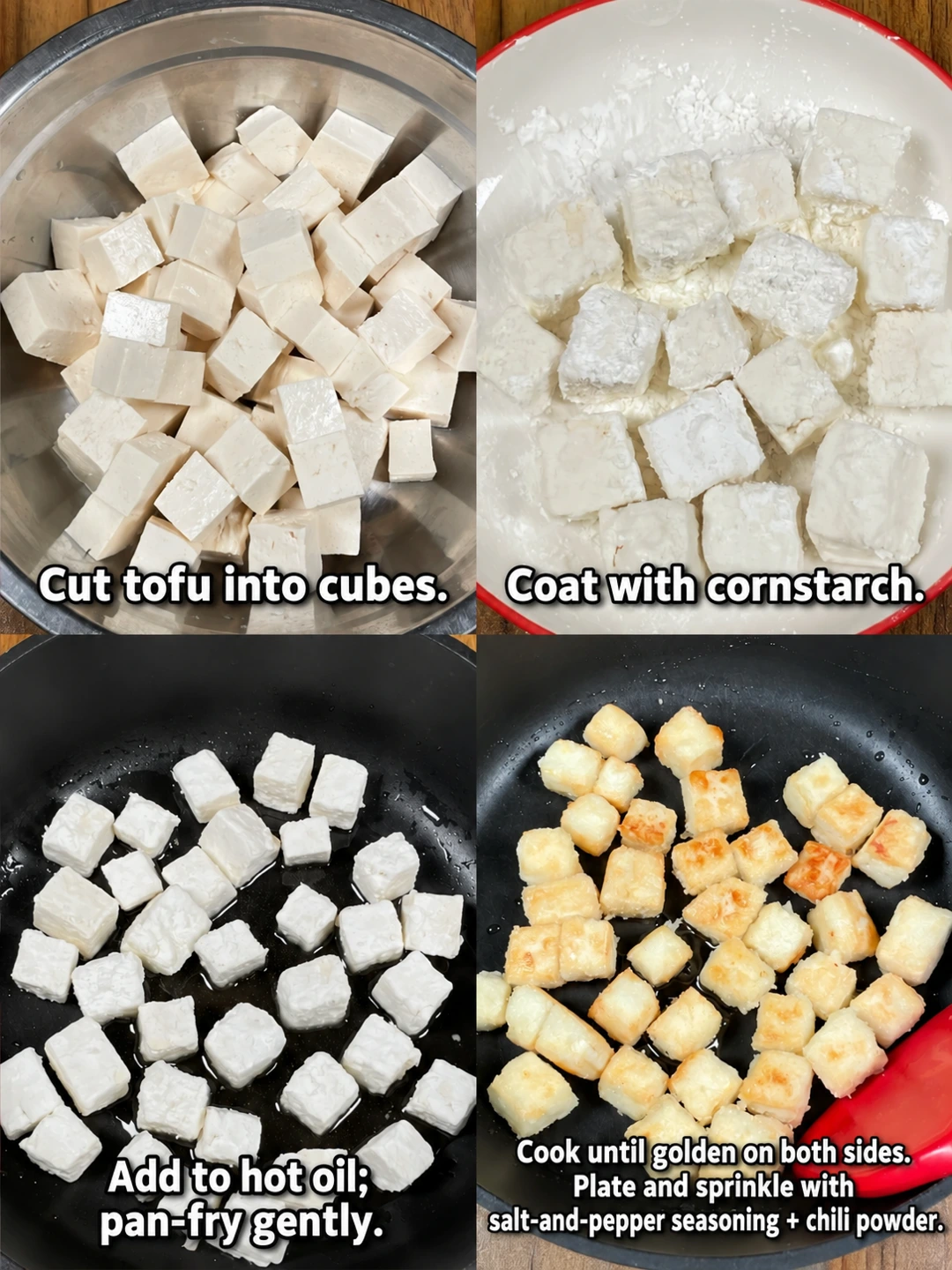 English-captioned photographs showing ingredient preparation and cooking for Pan-Fried Salt and Pepper Tofu.