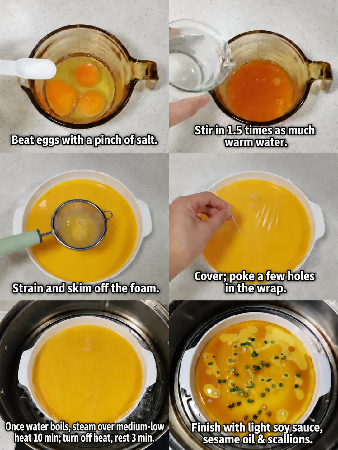 English-captioned photographs showing ingredient preparation and cooking for Chinese Steamed Eggs.