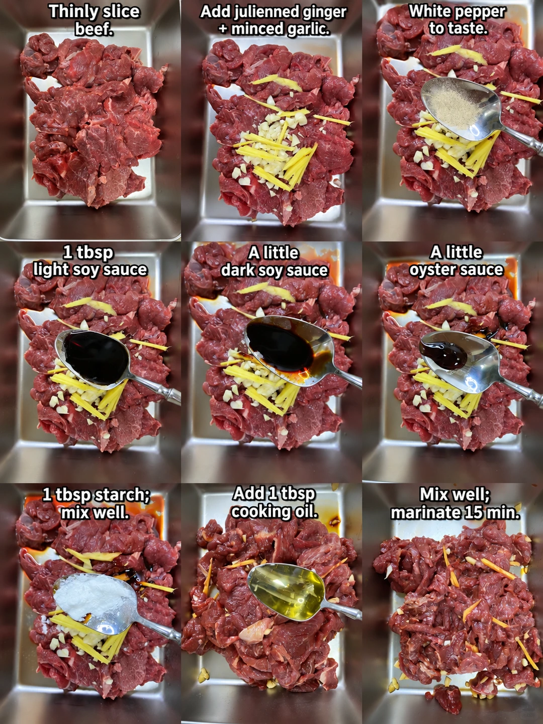 English-captioned photographs showing ingredient preparation and cooking for Cumin Beef Stir-Fry with Cilantro.