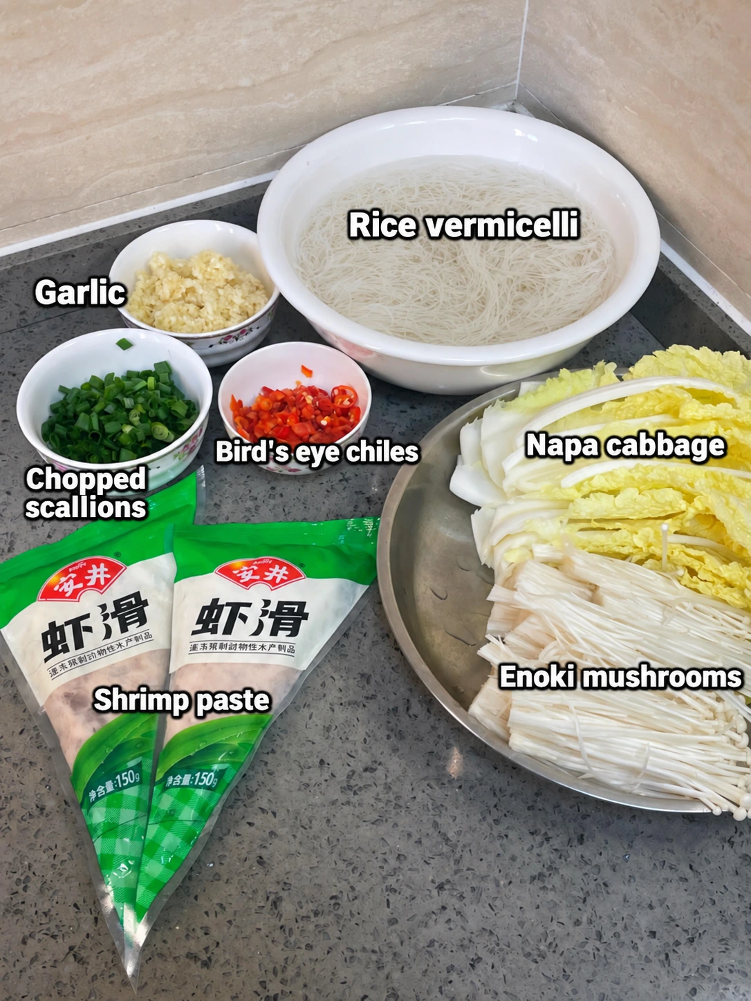 English-captioned photographs showing ingredient preparation and cooking for Garlic Shrimp Paste and Glass Noodle Clay Pot.
