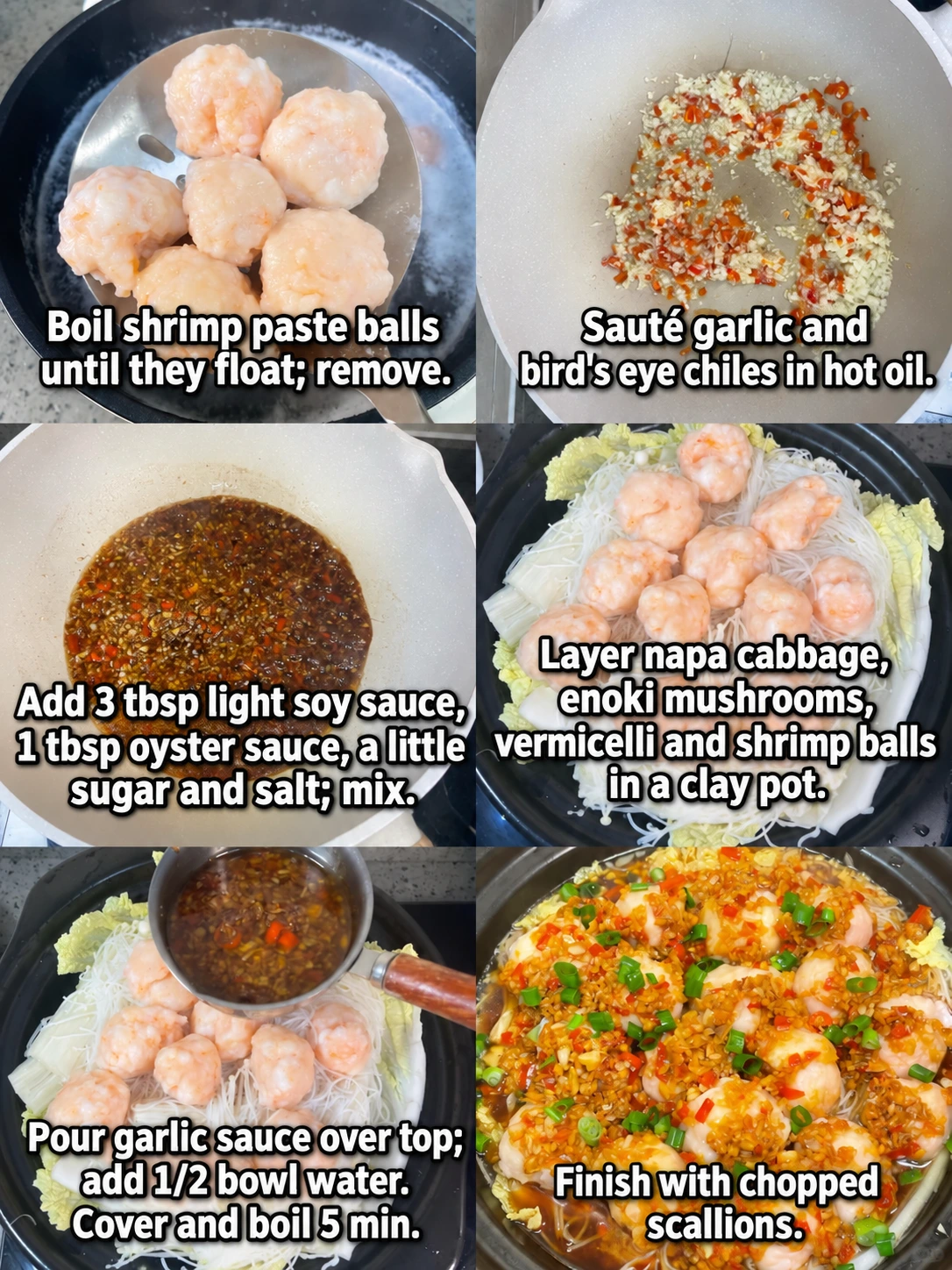 English-captioned photographs showing ingredient preparation and cooking for Garlic Shrimp Paste and Glass Noodle Clay Pot.
