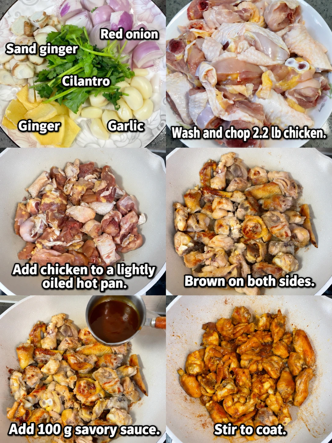 English-captioned photographs showing ingredient preparation and cooking for Sizzling Clay Pot Chicken.