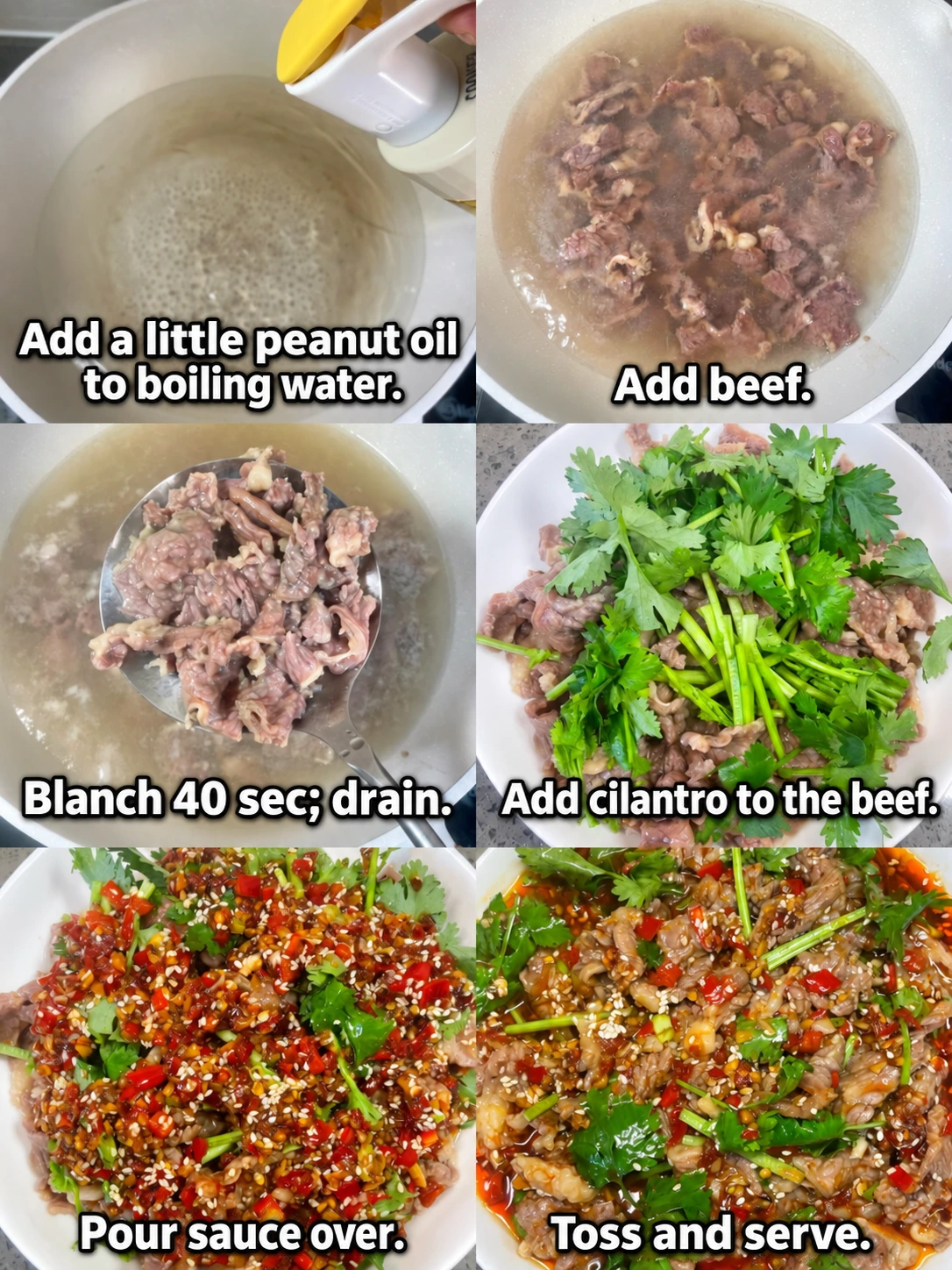 English-captioned photographs showing ingredient preparation and cooking for Beef and Cilantro Salad.
