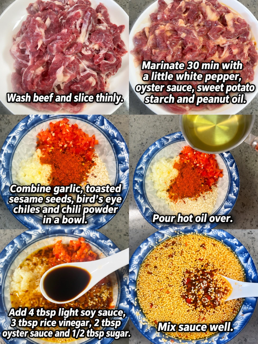 English-captioned photographs showing ingredient preparation and cooking for Beef and Cilantro Salad.