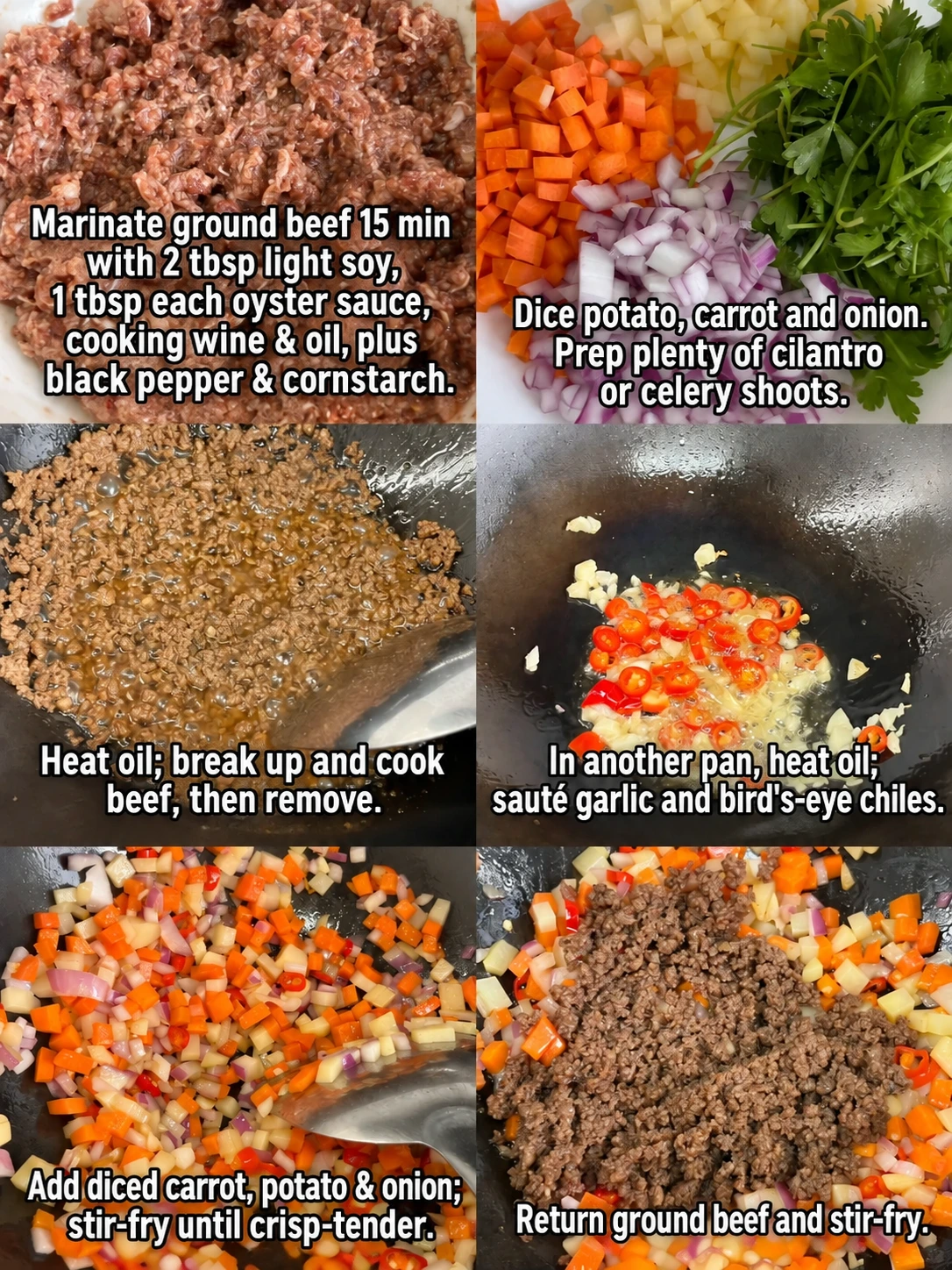English-captioned photographs showing ingredient preparation and cooking for Ground Beef Curry Rice.