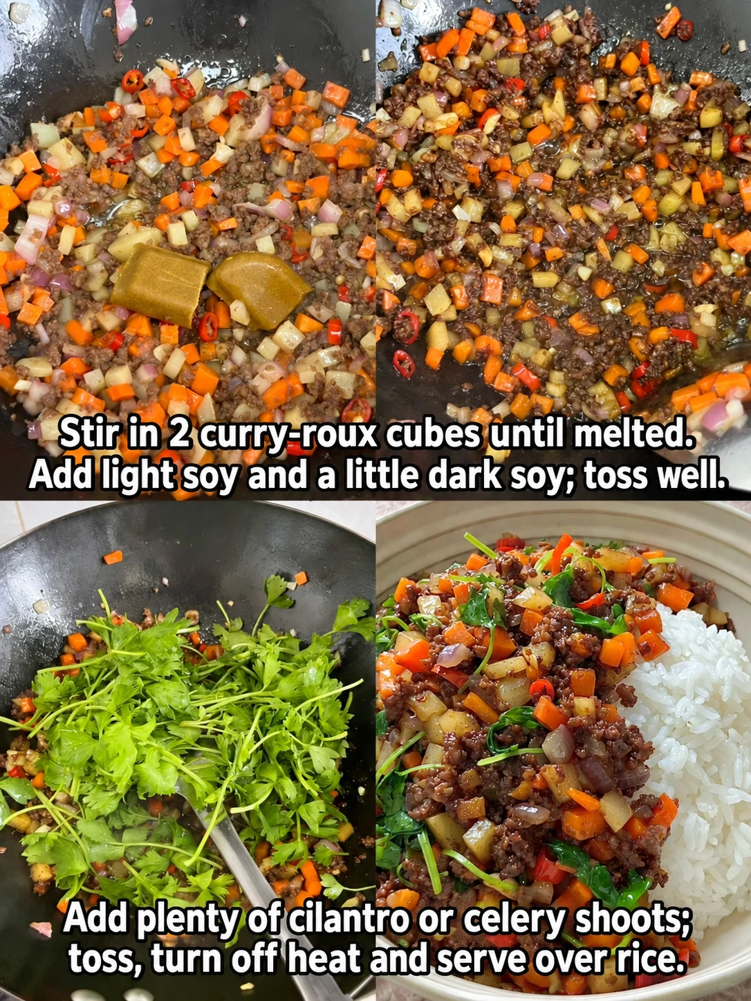 English-captioned photographs showing ingredient preparation and cooking for Ground Beef Curry Rice.