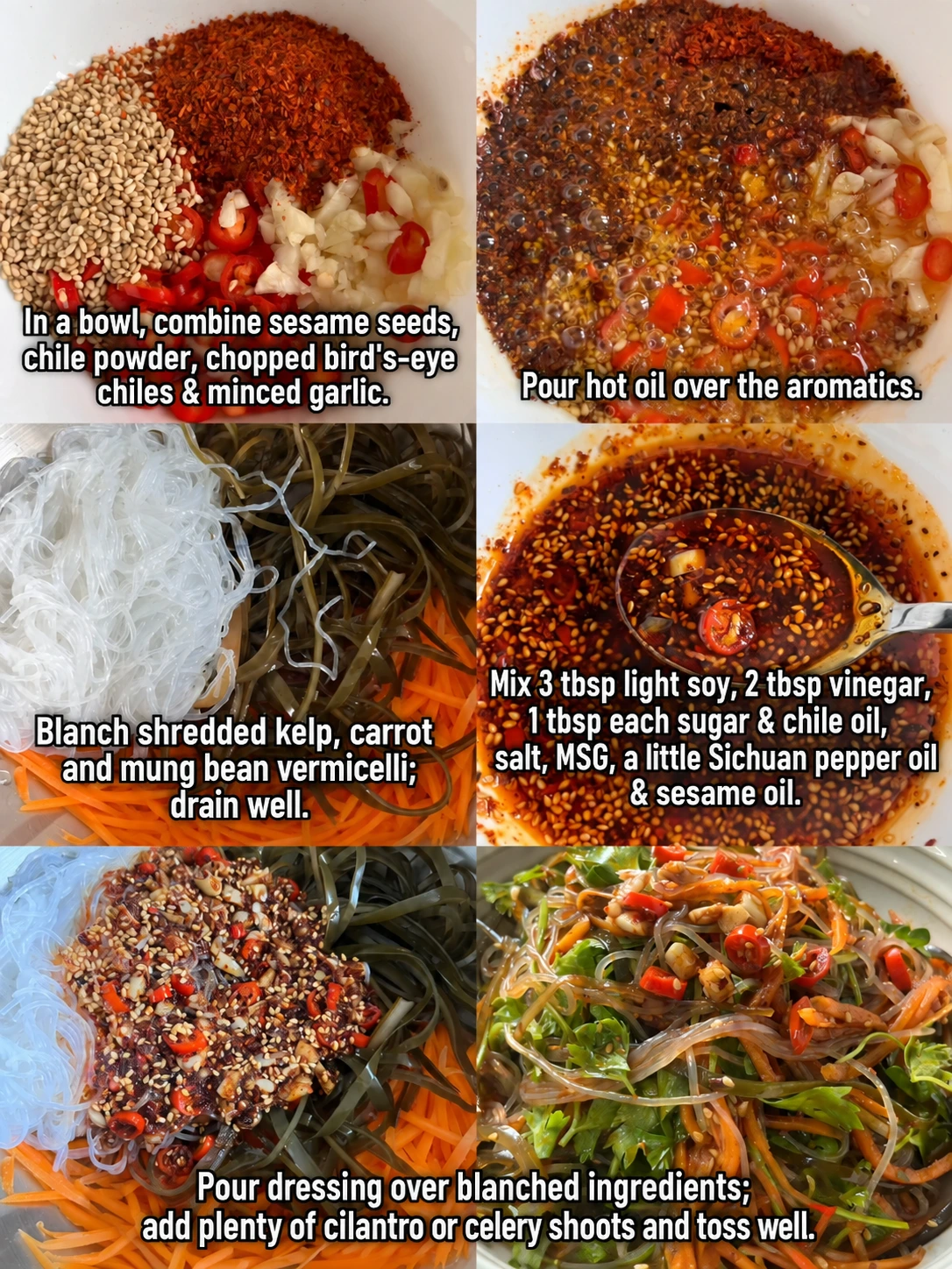 English-captioned photographs showing ingredient preparation and cooking for Kelp Carrot and Glass Noodle Salad.