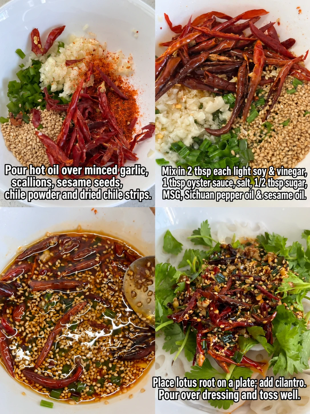 English-captioned photographs showing ingredient preparation and cooking for Lotus Root Salad with Garlic Chile Dressing.