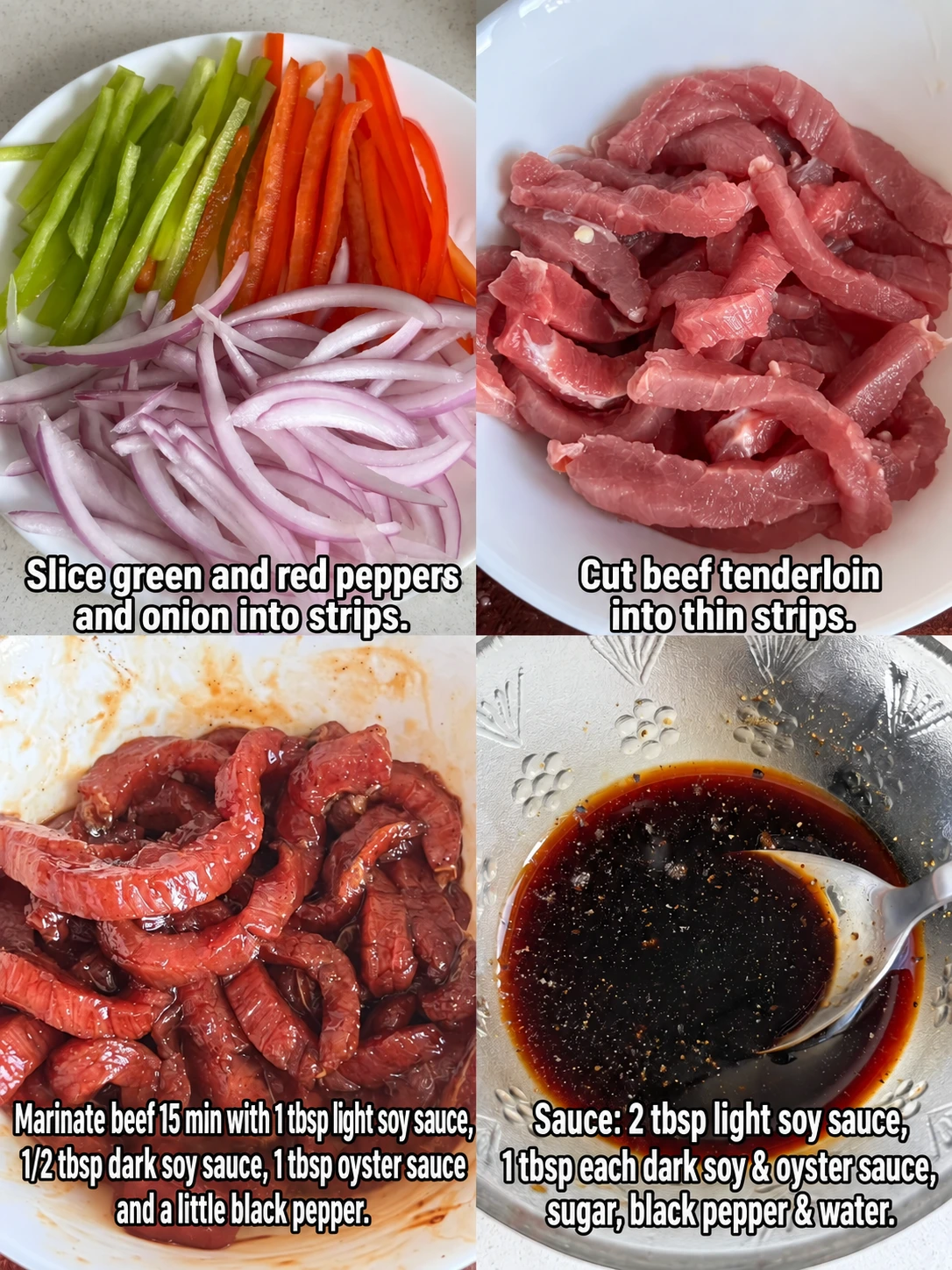 English-captioned photographs showing ingredient preparation and cooking for Black Pepper Beef Pasta.