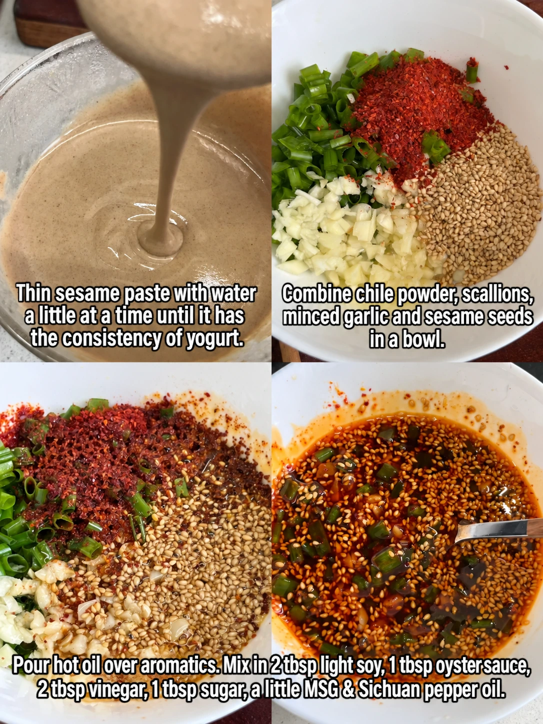 English-captioned photographs showing ingredient preparation and cooking for Sesame Noodles with Cucumber and Peanuts.