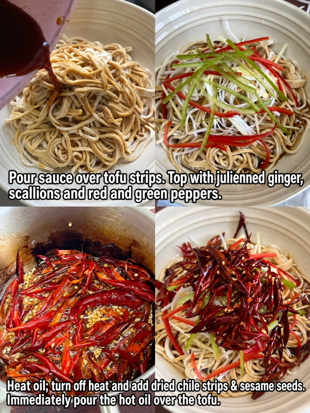 English-captioned photographs showing ingredient preparation and cooking for Tofu Skin with Hot Chile Oil.