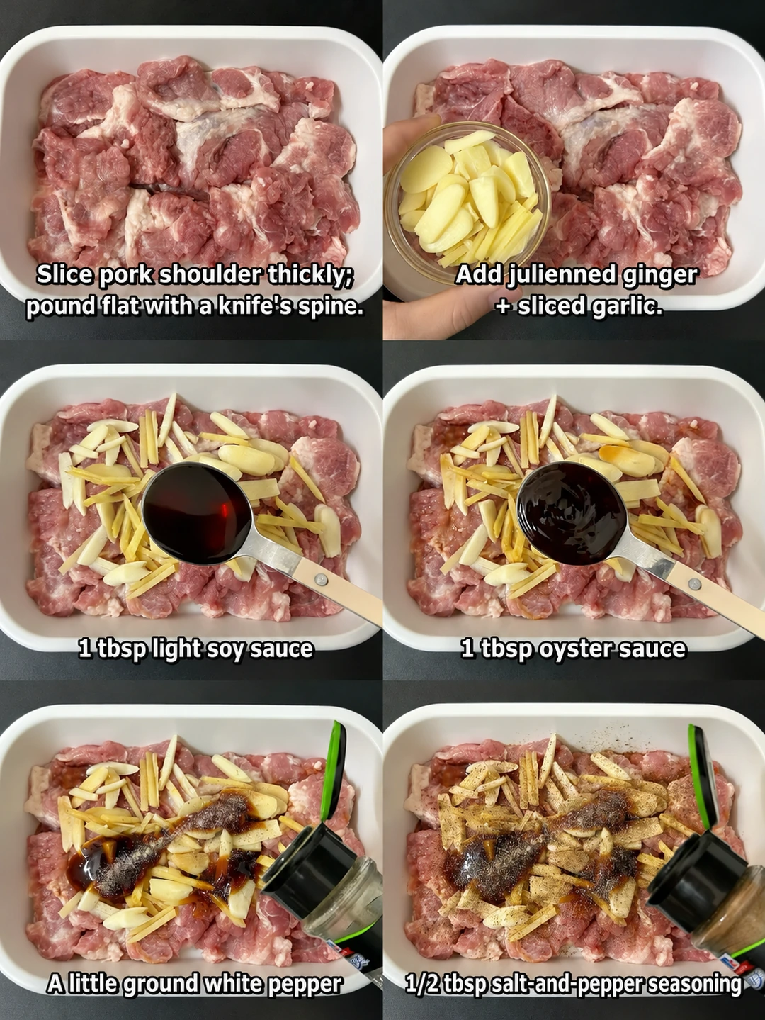 English-captioned photographs showing ingredient preparation and cooking for Pan-Fried Salt and Pepper Pork Cutlets.