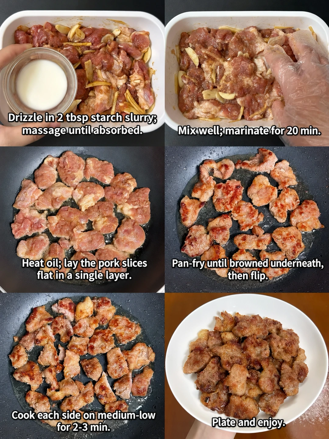 English-captioned photographs showing ingredient preparation and cooking for Pan-Fried Salt and Pepper Pork Cutlets.