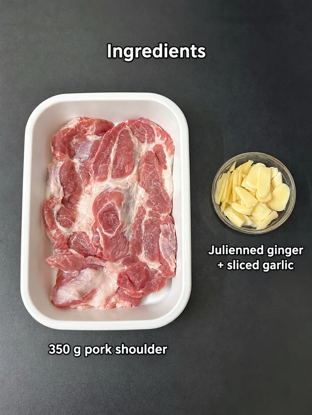 English-captioned photographs showing ingredient preparation and cooking for Pan-Fried Salt and Pepper Pork Cutlets.
