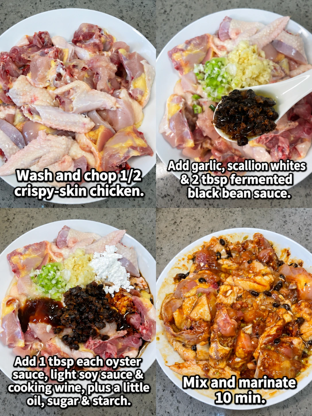English-captioned photographs showing ingredient preparation and cooking for Steamed Chicken with Black Bean Sauce.