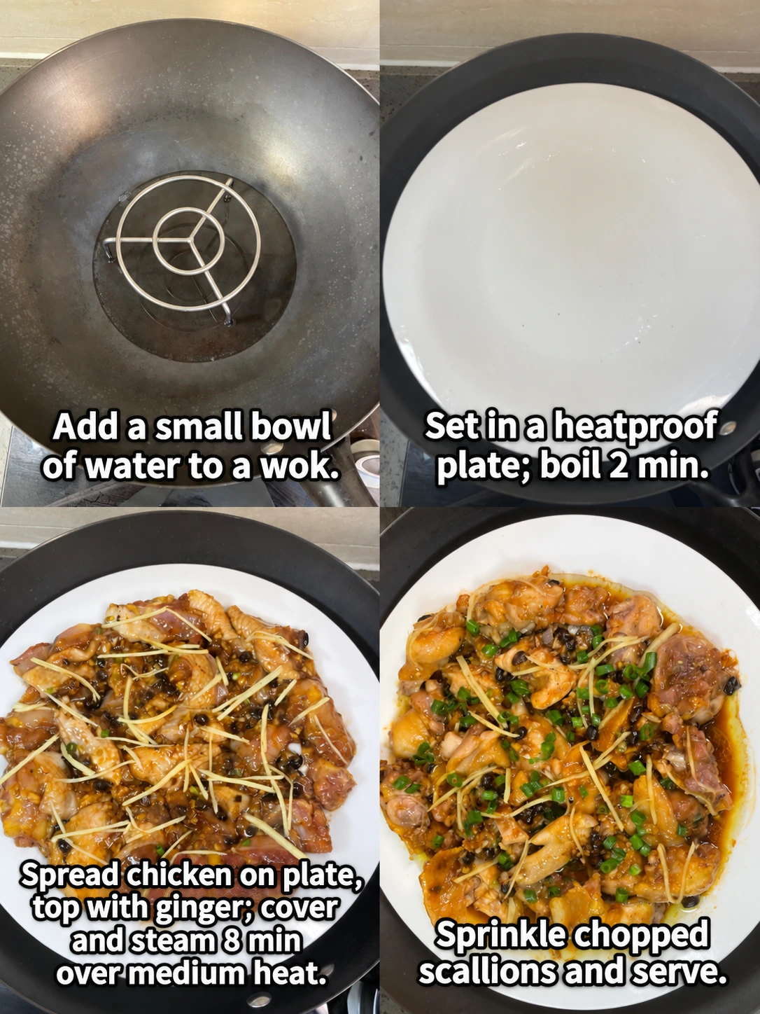 English-captioned photographs showing ingredient preparation and cooking for Steamed Chicken with Black Bean Sauce.
