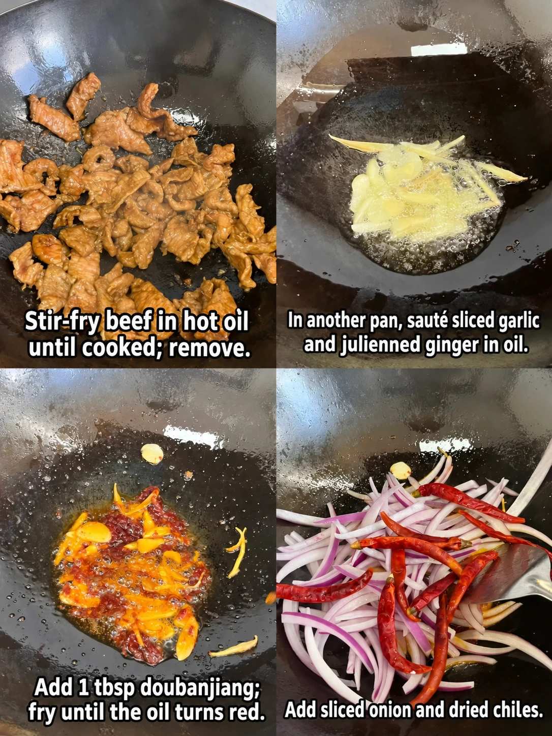 English-captioned photographs showing ingredient preparation and cooking for Homemade Beef Stir-Fried Noodles.