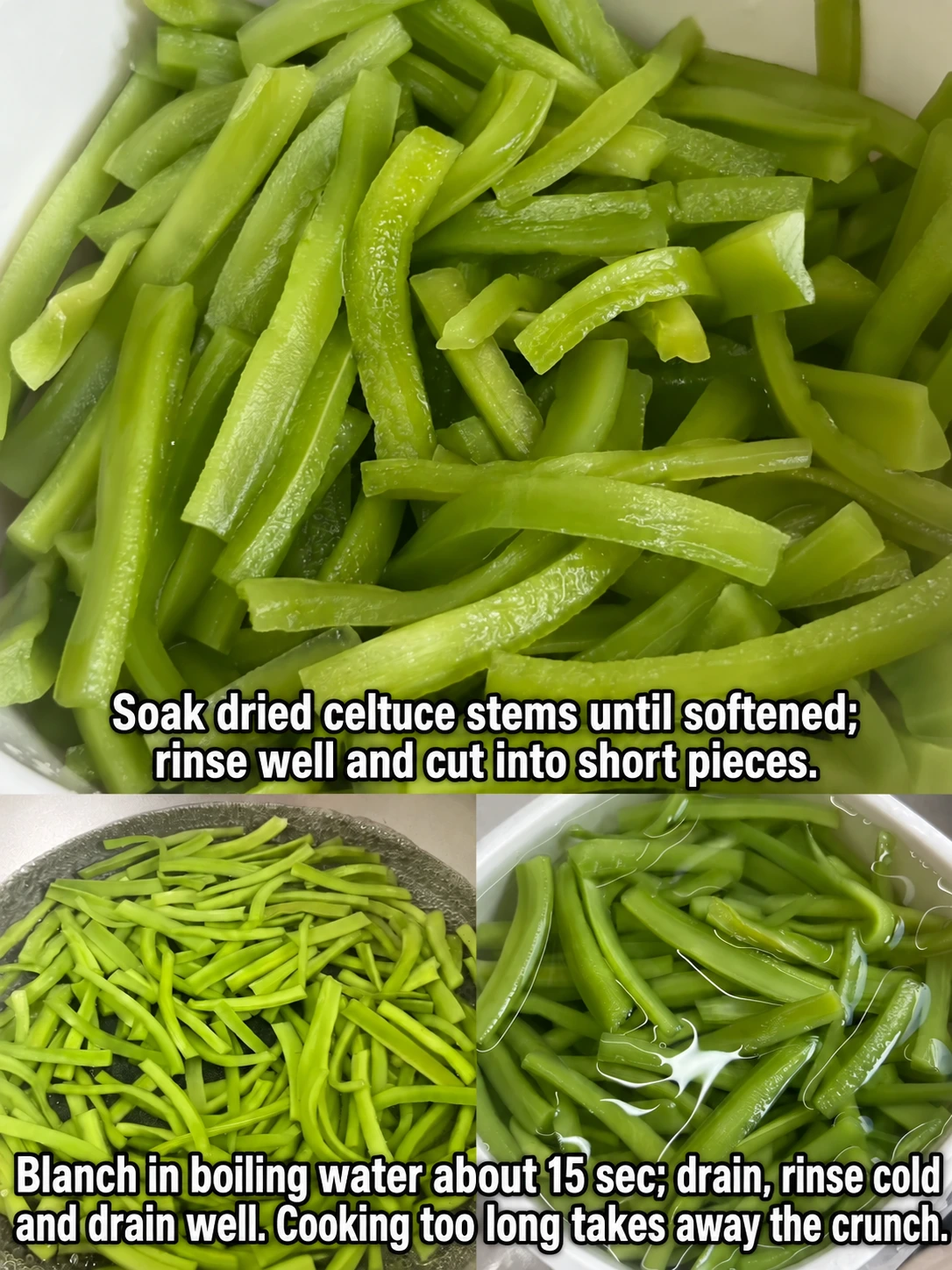 English-captioned photographs showing ingredient preparation and cooking for Dried Stem Lettuce with Chile Dressing.