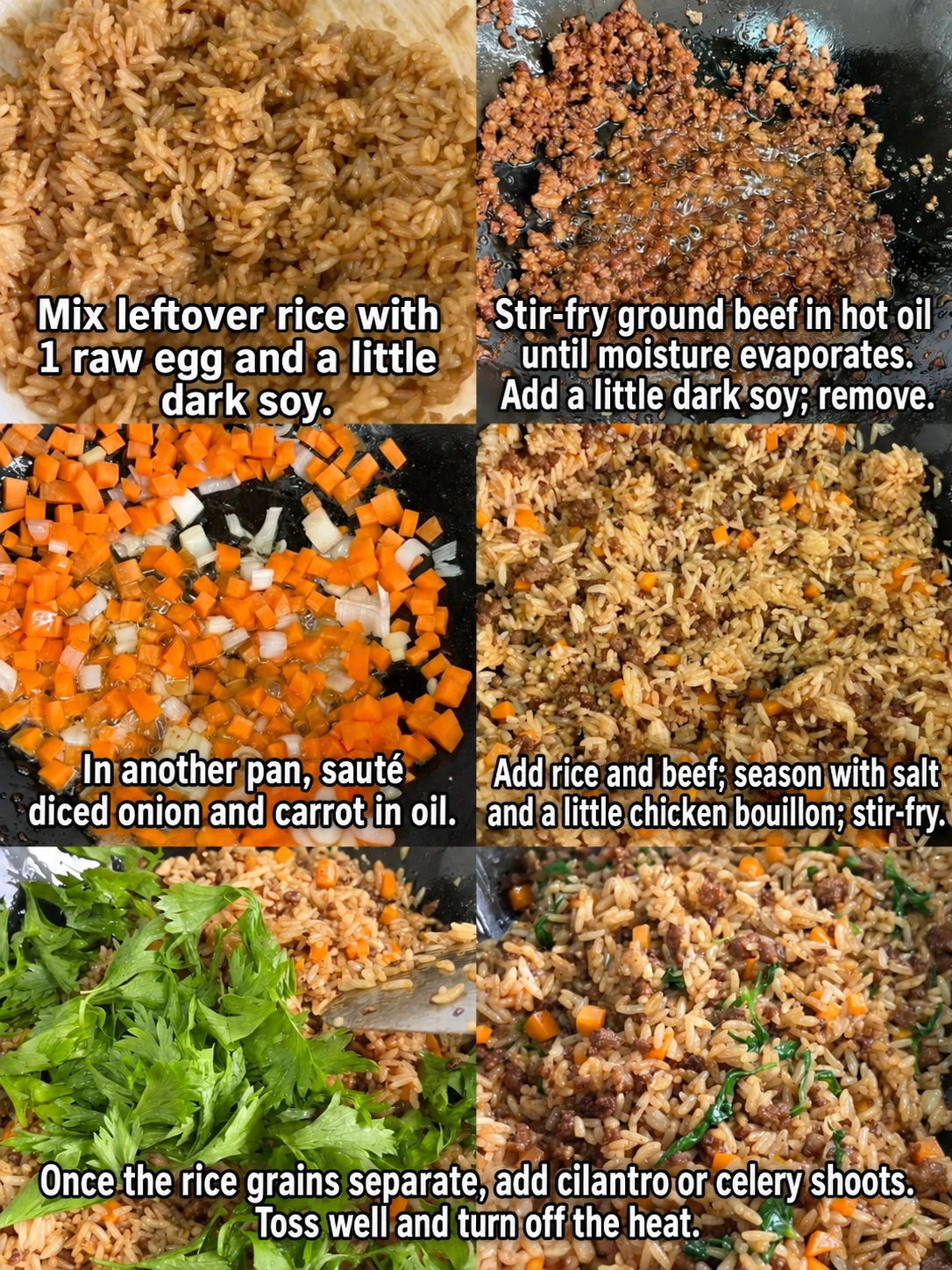 English-captioned photographs showing ingredient preparation and cooking for Ground Beef and Egg Fried Rice.