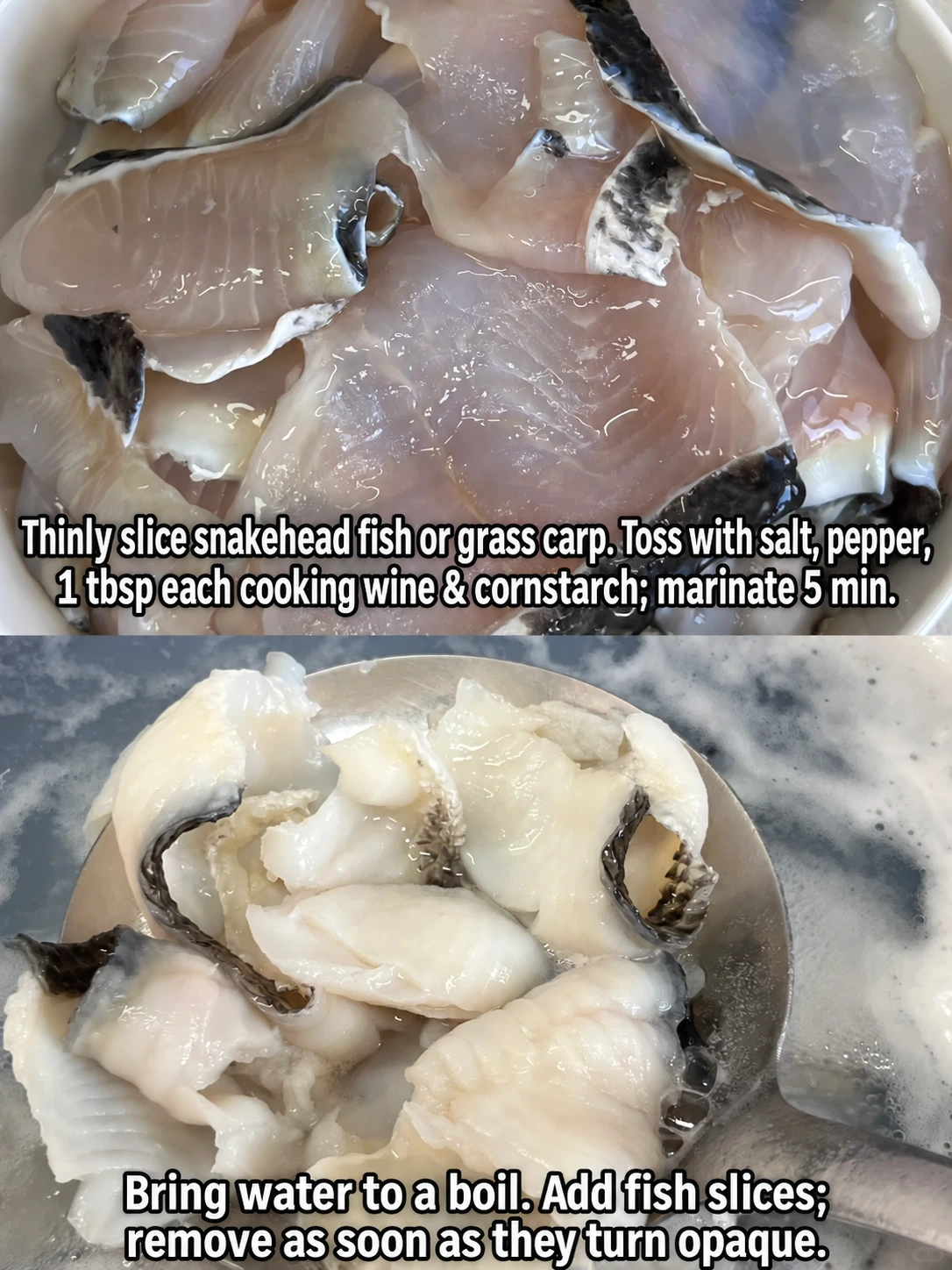 English-captioned photographs showing ingredient preparation and cooking for Fish Slices with Green Sichuan Peppercorns.