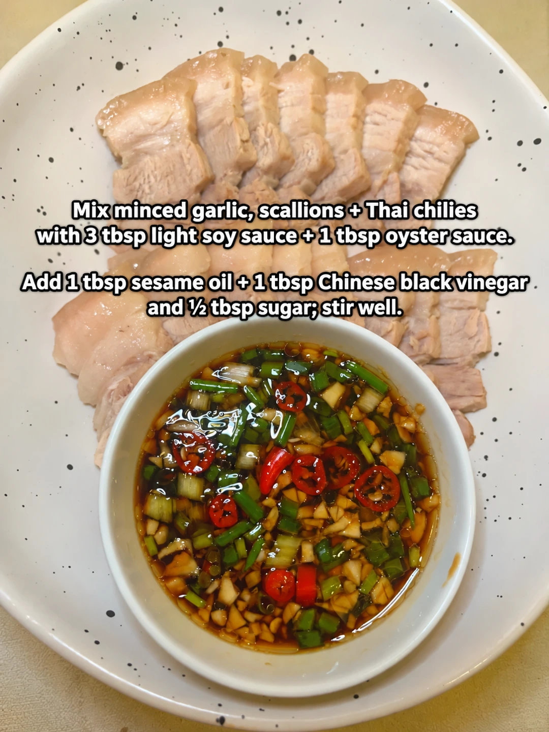 English-captioned photographs showing ingredient preparation and cooking for Poached Pork Belly with Garlic Dipping Sauce.