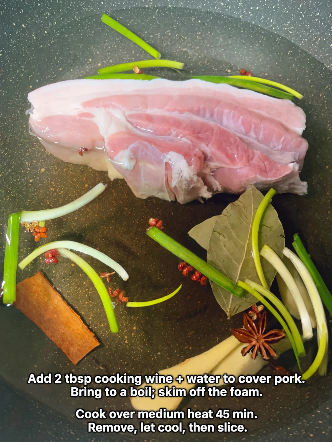 English-captioned photographs showing ingredient preparation and cooking for Poached Pork Belly with Garlic Dipping Sauce.