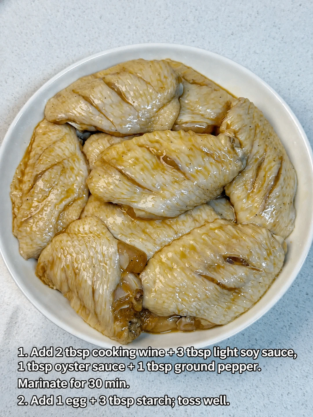 English-captioned photographs showing ingredient preparation and cooking for Pan-Fried Salt and Pepper Chicken Wings.