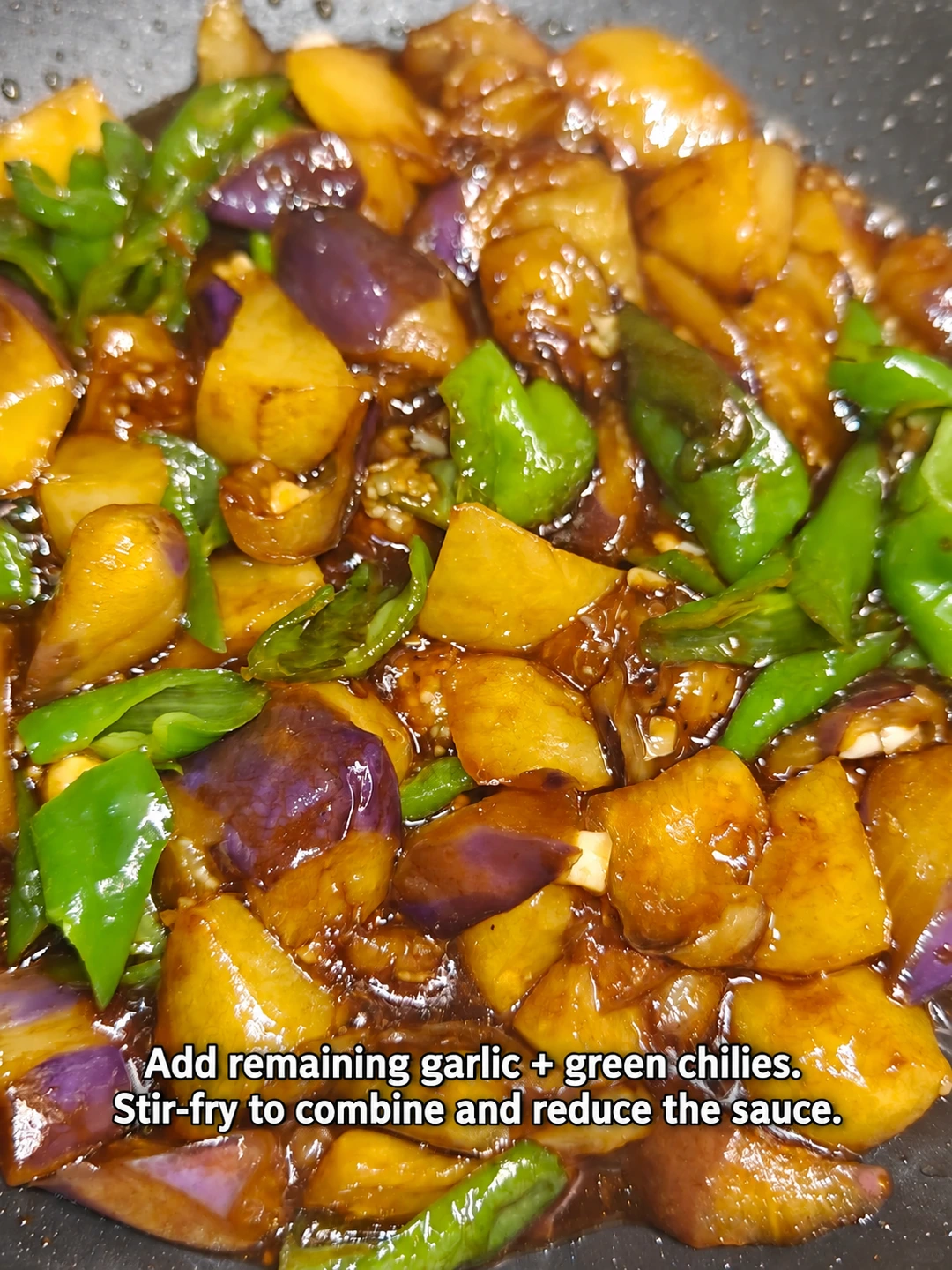 English-captioned photographs showing ingredient preparation and cooking for Di San Xian Potatoes Eggplant and Green Pepper.