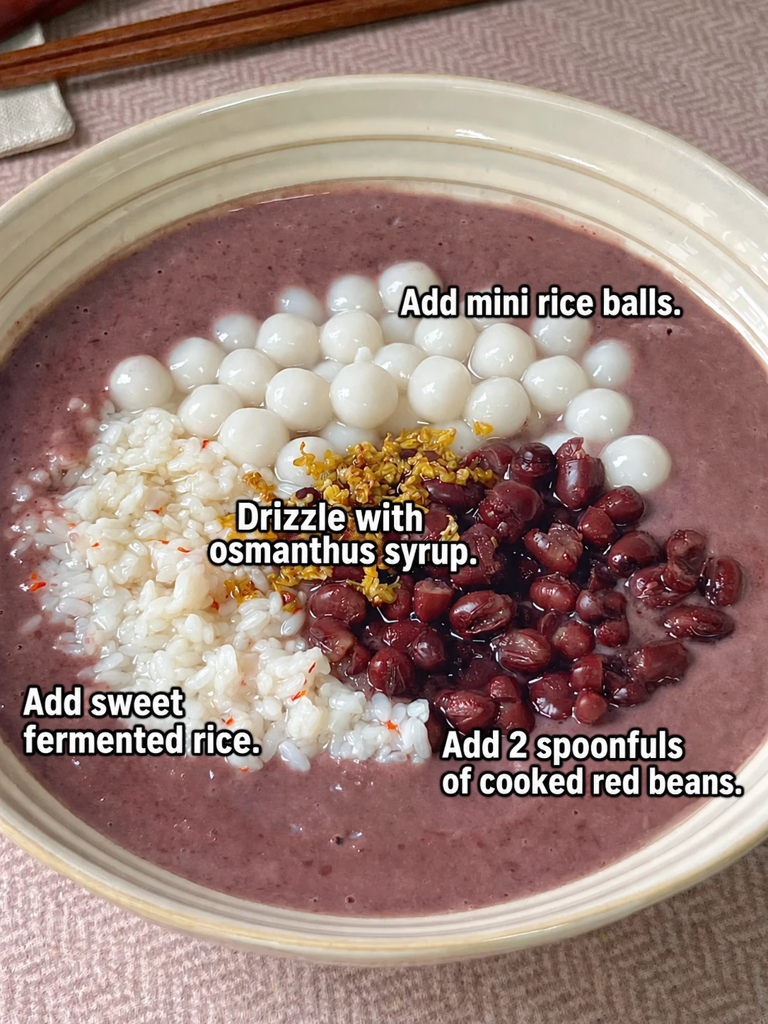 English-captioned photographs showing ingredient preparation and cooking for Red Bean Dessert Soup with Rice Balls.