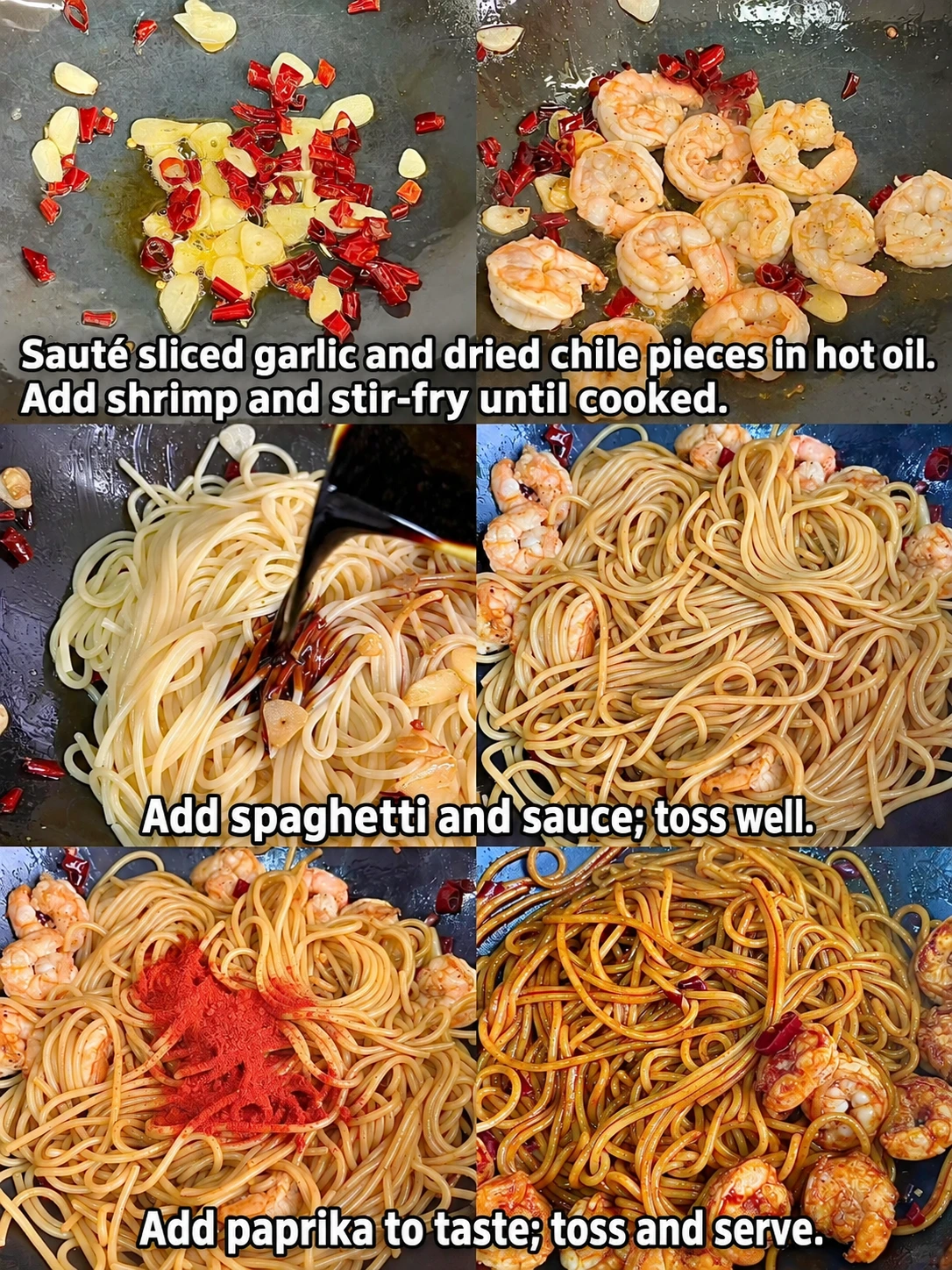 English-captioned photographs showing ingredient preparation and cooking for Garlic Chile Shrimp Pasta.