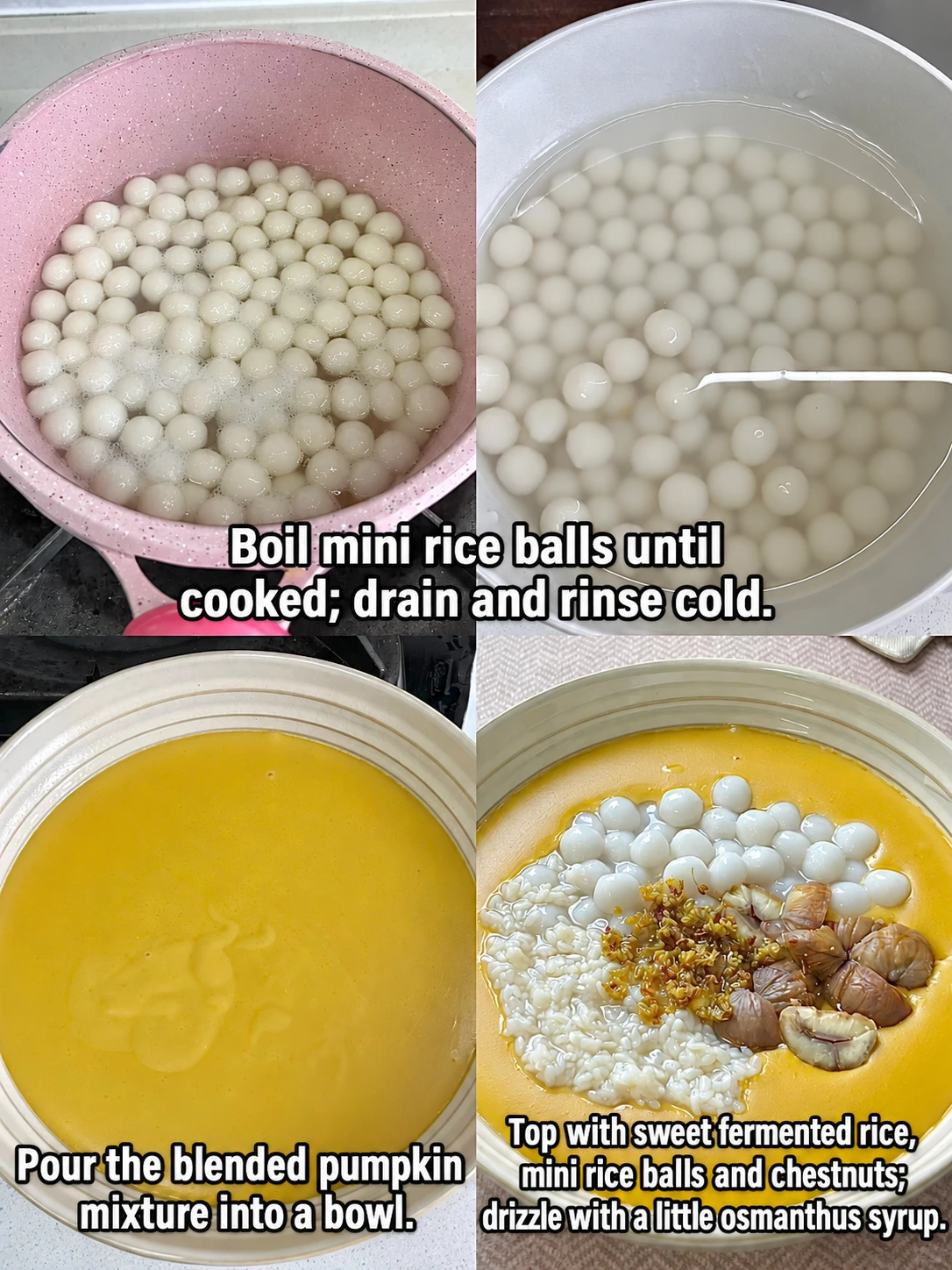 English-captioned photographs showing ingredient preparation and cooking for Pumpkin and Chestnut Dessert with Rice Balls.