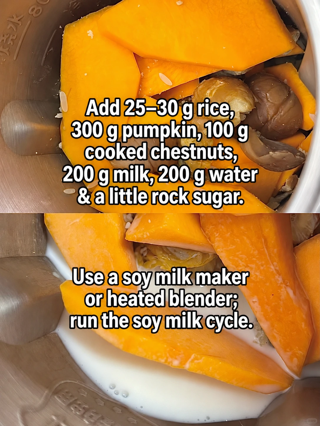 English-captioned photographs showing ingredient preparation and cooking for Pumpkin and Chestnut Dessert with Rice Balls.
