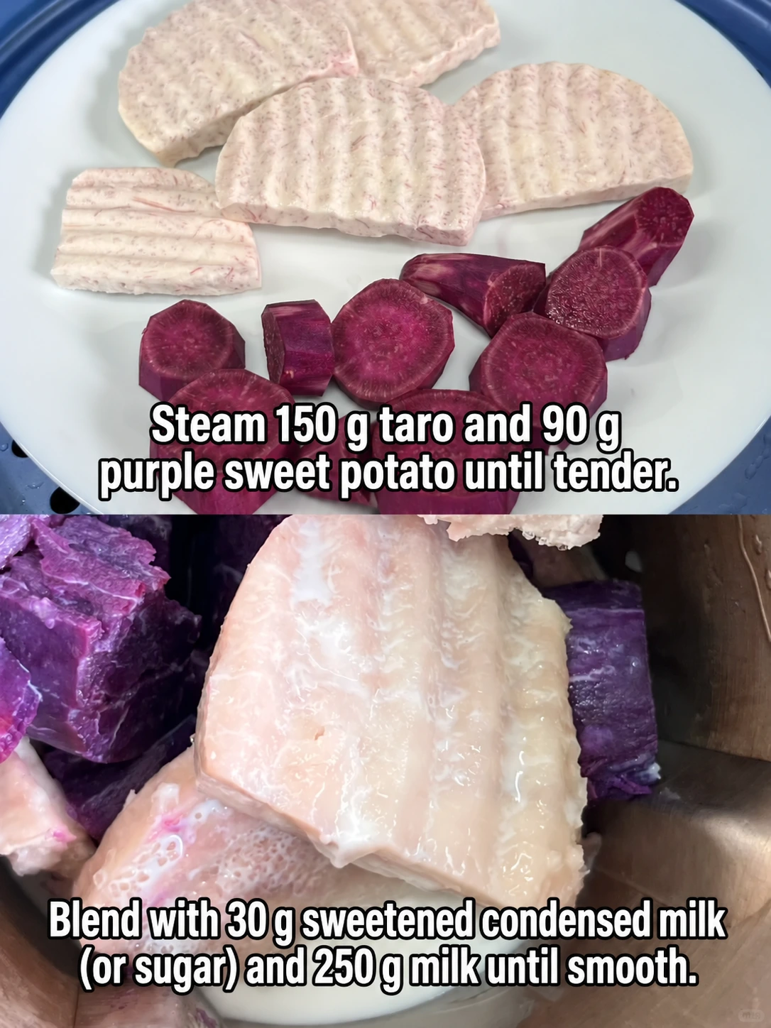 English-captioned photographs showing ingredient preparation and cooking for Taro and Purple Sweet Potato Dessert with Rice Balls.