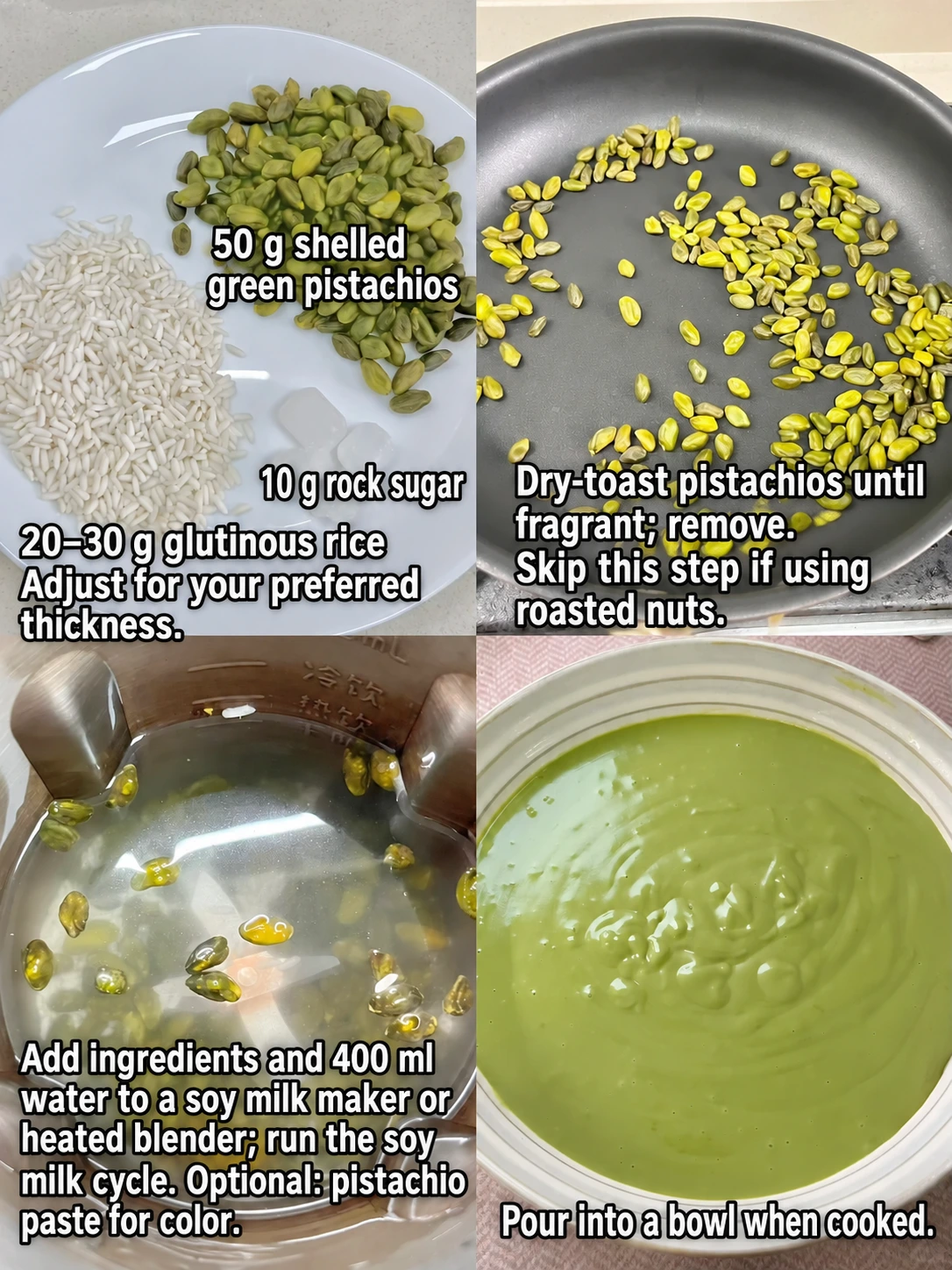 English-captioned photographs showing ingredient preparation and cooking for Pistachio Dessert Soup with Rice Balls.